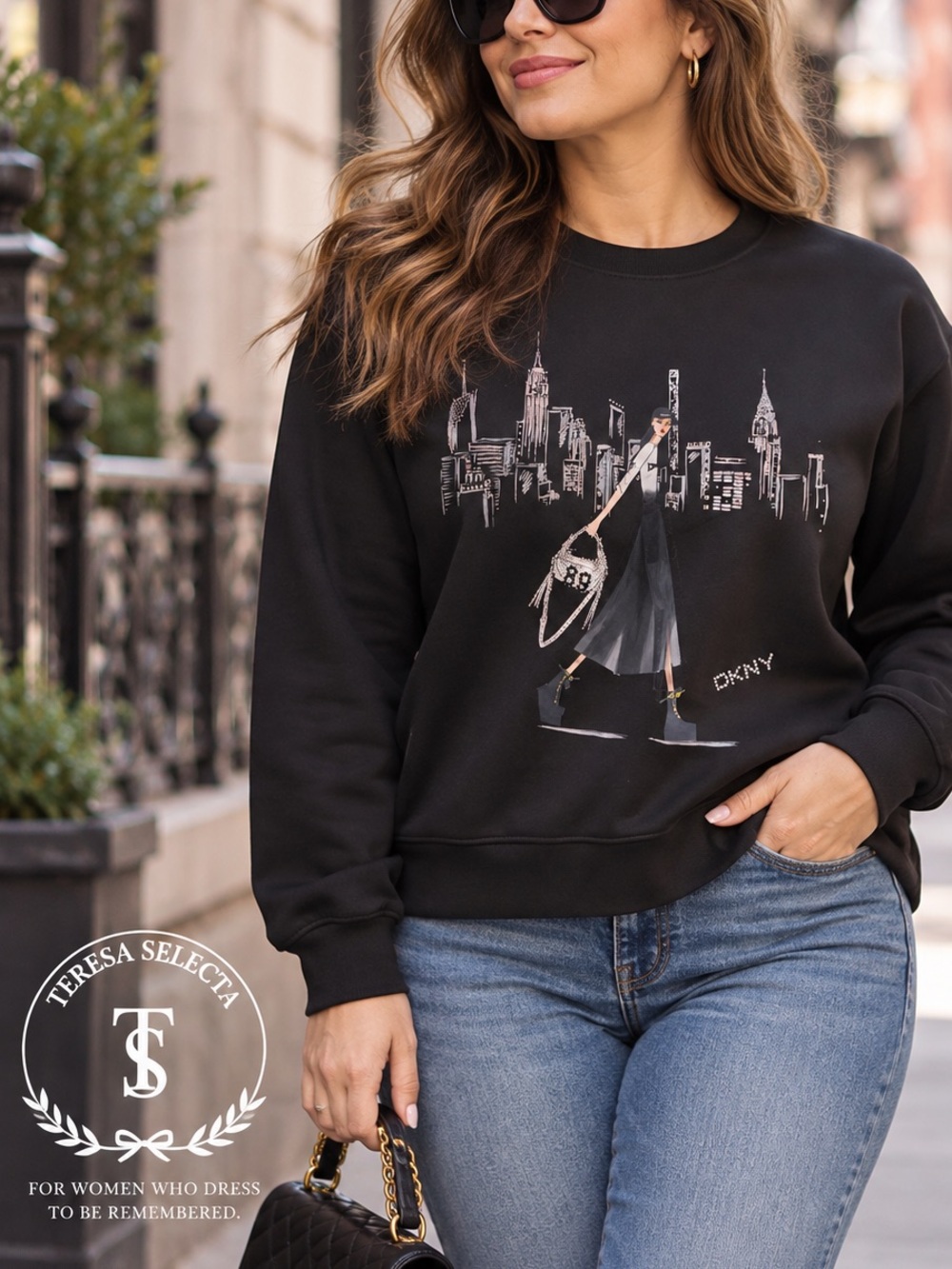 NWT DKNY Black NYC Fashion Graphic Rhinestone Sweatshirt Size L